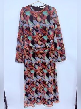 Veiled New York Floral Mesh Dress XL 58” Ruched Waist Long Sleeve Midi